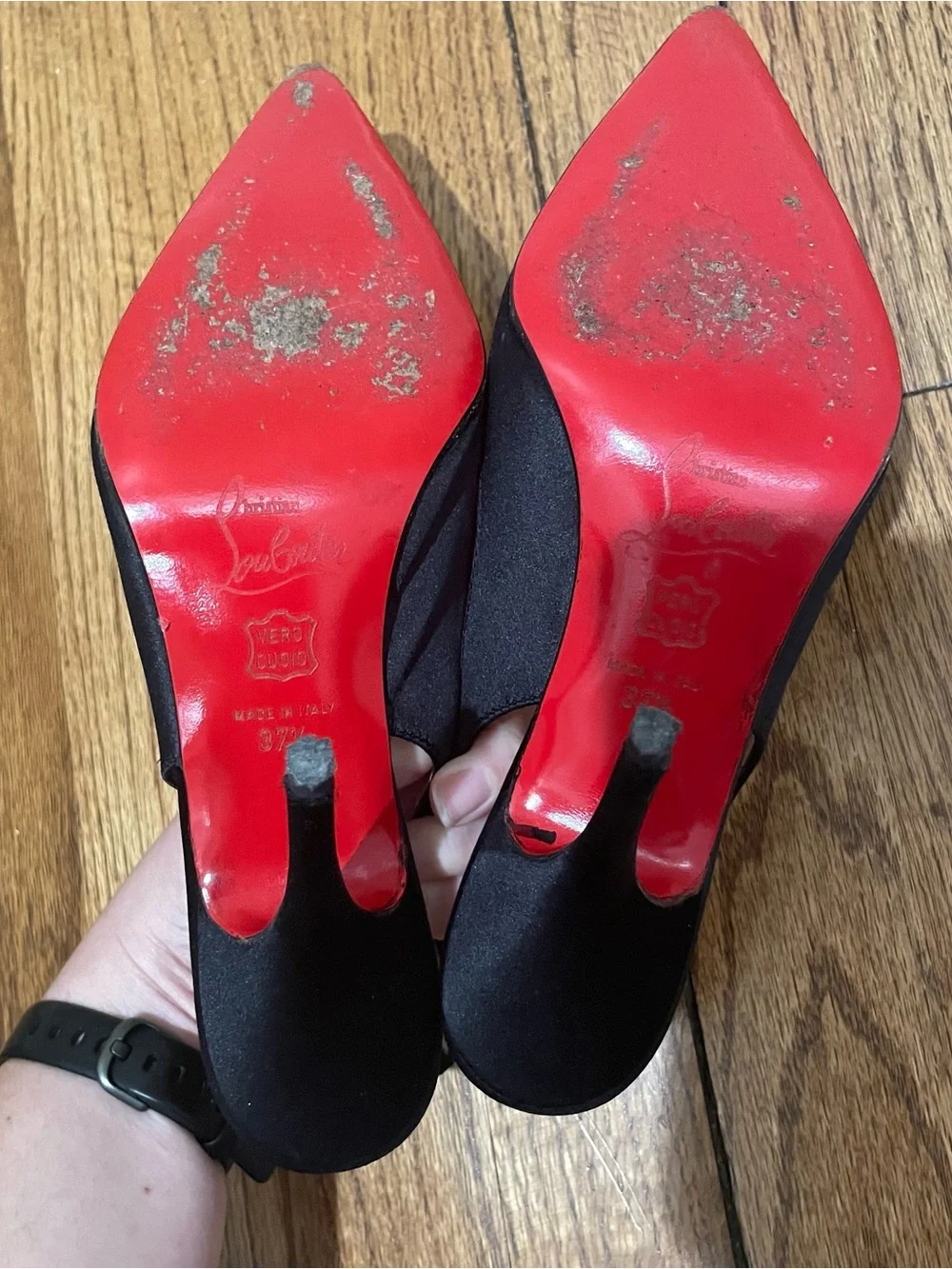 Christian Louboutin Black Satin Slingback Pointed Toe Ruffle Heels Women’s 37.5
